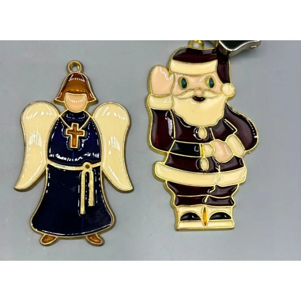 Vtg 8 Pc Christmas Stained Glass Ornaments Snowman Angel Santa‎ Wreath